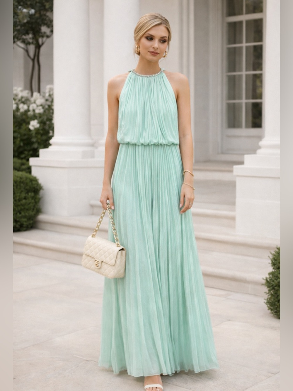 Calvin Klein Mint Green Pleated Maxi Dress Size 6 Elegant Halter Formal